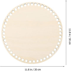 Round wooden coaster with holes and dimensions on a white background