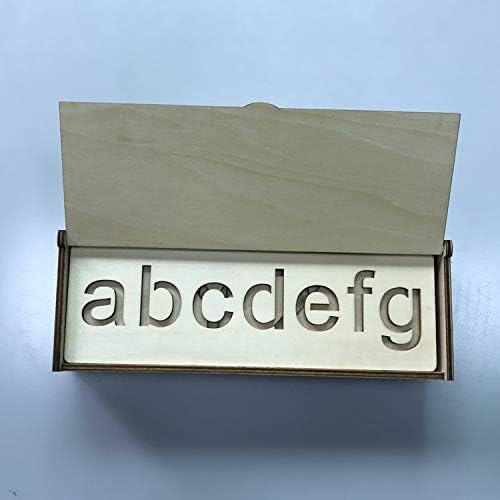 Wooden box with cut-out letters 'abcdefg' on a light blue background