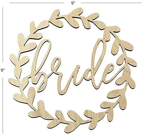 Wooden wreath with 'bride' text surrounded by leaves on a white background