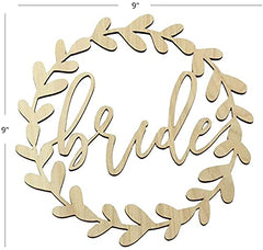 Wooden wreath with 'bride' text surrounded by leaves on a white background