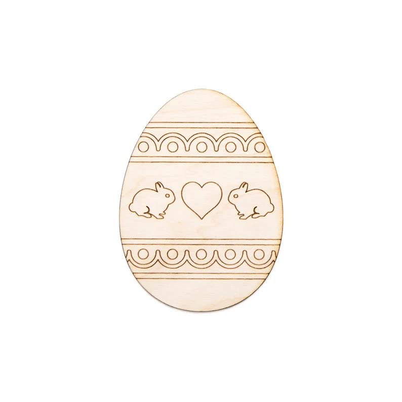 Wooden Easter egg with rabbit and heart designs on a white background
