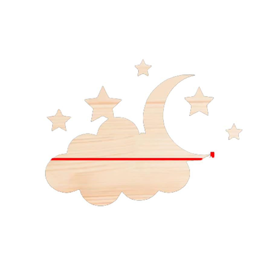 Wooden cloud with stars and a red laser pointer on a white background