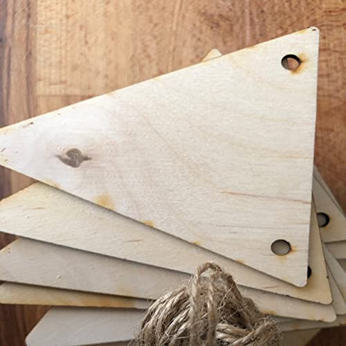 Stack of wooden tags with holes on a wooden surface