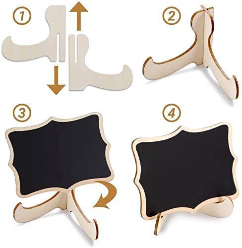 Step-by-step assembly of a wooden stand with black signs on a white background