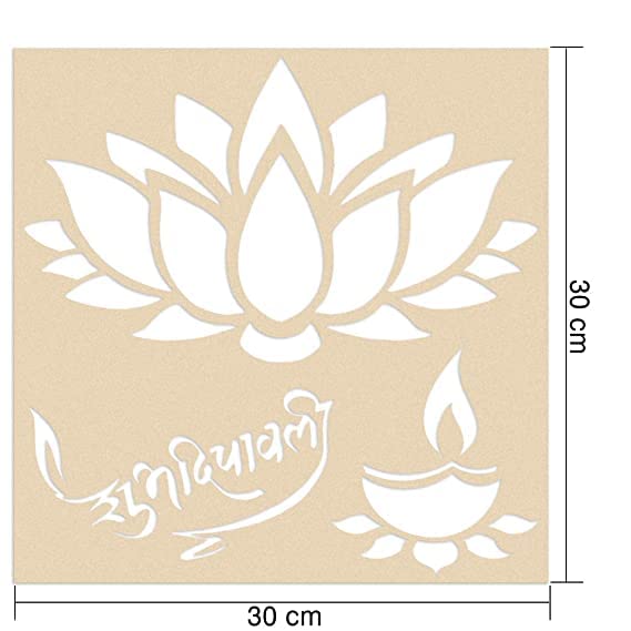 Decorative stencil with a lotus flower, candle, and text on a beige background