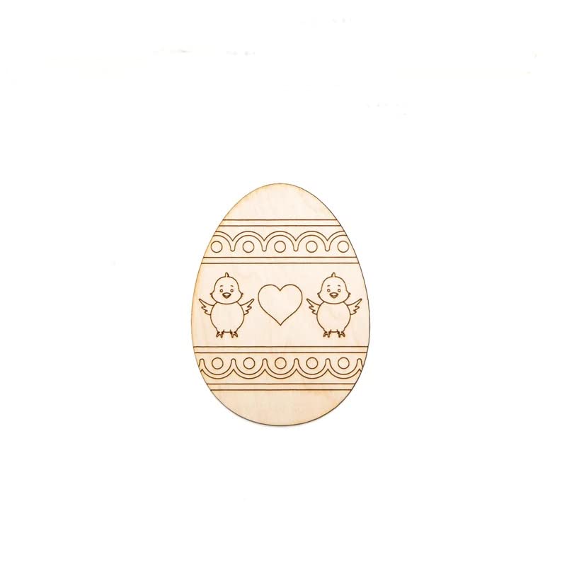 Wooden Easter egg with decorative patterns and two chicks on a white background