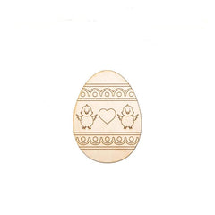 Wooden Easter egg with decorative patterns and two chicks on a white background