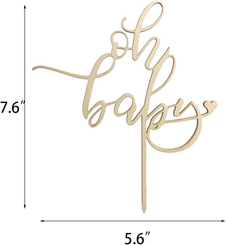 Gold cake topper with 'oh baby!' text and measurements on a white background