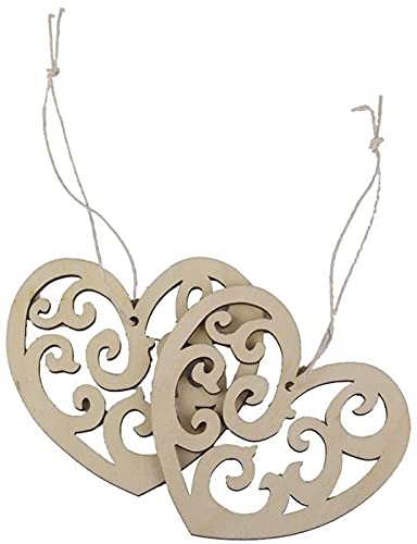 Two wooden heart-shaped decorations with intricate cut-out patterns on a white background.
