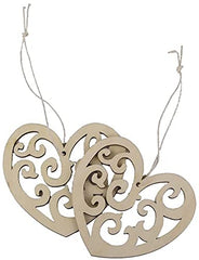 Two wooden heart-shaped decorations with intricate cut-out patterns on a white background.