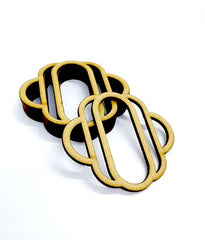 Three gold and black interlocking rings on a white background