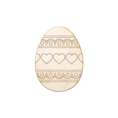 Wooden Easter egg with heart and line pattern on a white background