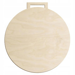 Round wooden pizza peel with a handle on a white background