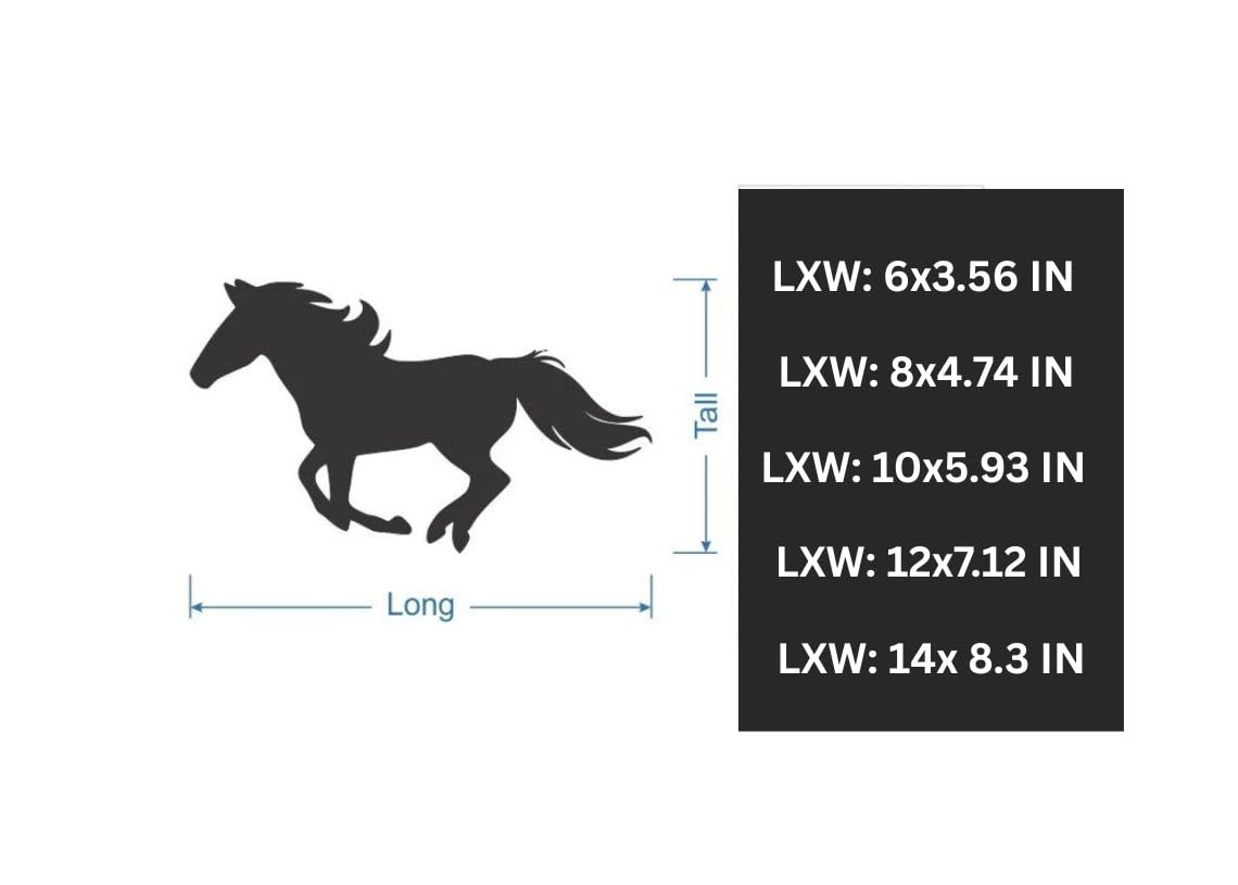 Silhouette of a horse with dimensions labeled on a white background