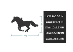 Silhouette of a horse with dimensions labeled on a white background