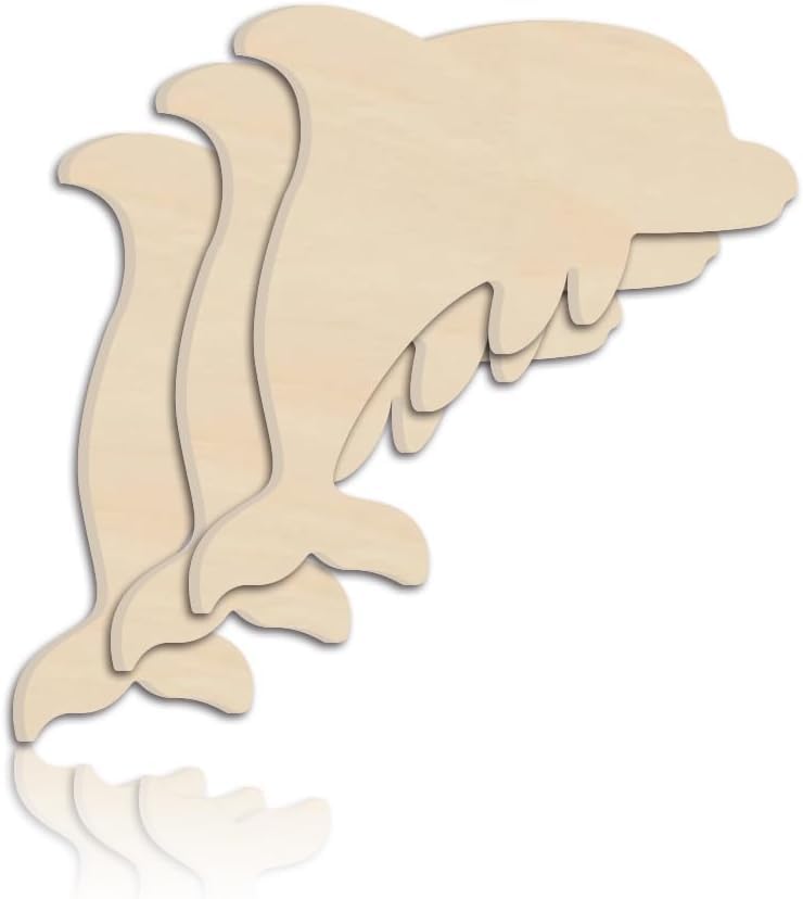 Unfinished wooden dolphin cutout on a white background