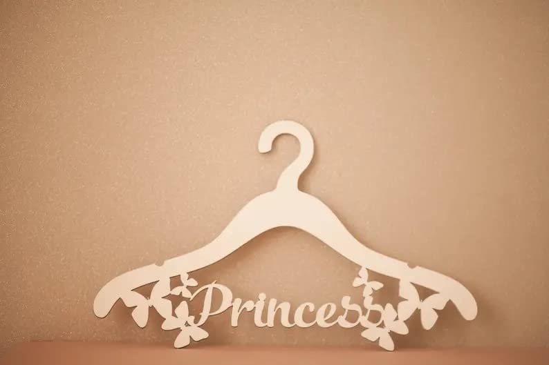 White hanger with 'Princess' text on a beige background