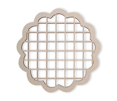 Decorative metal grid with scalloped edge on a white background