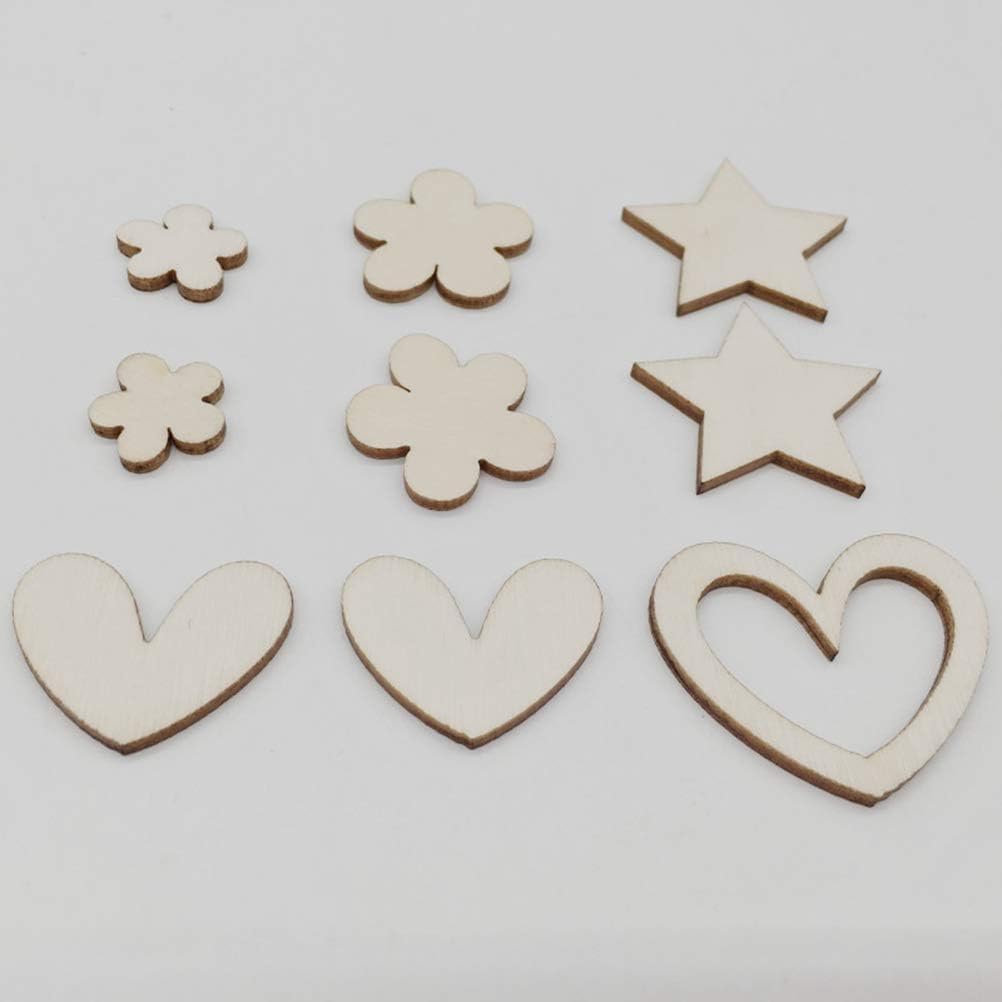 Wooden shapes including stars and hearts on a white background