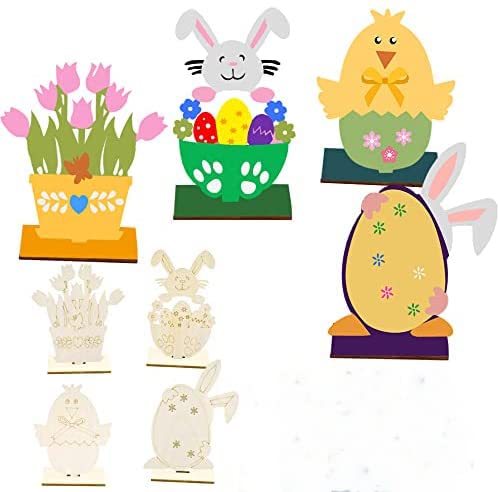 Set of colorful Easter-themed decorations including a chick, bunny, and tulips on a white background.