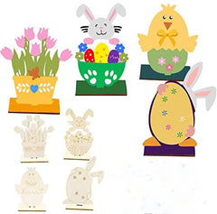 Set of colorful Easter-themed decorations including a chick, bunny, and tulips on a white background.