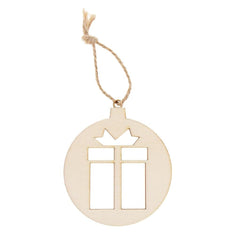 Wooden Christmas ornament with a cut-out design on a white background