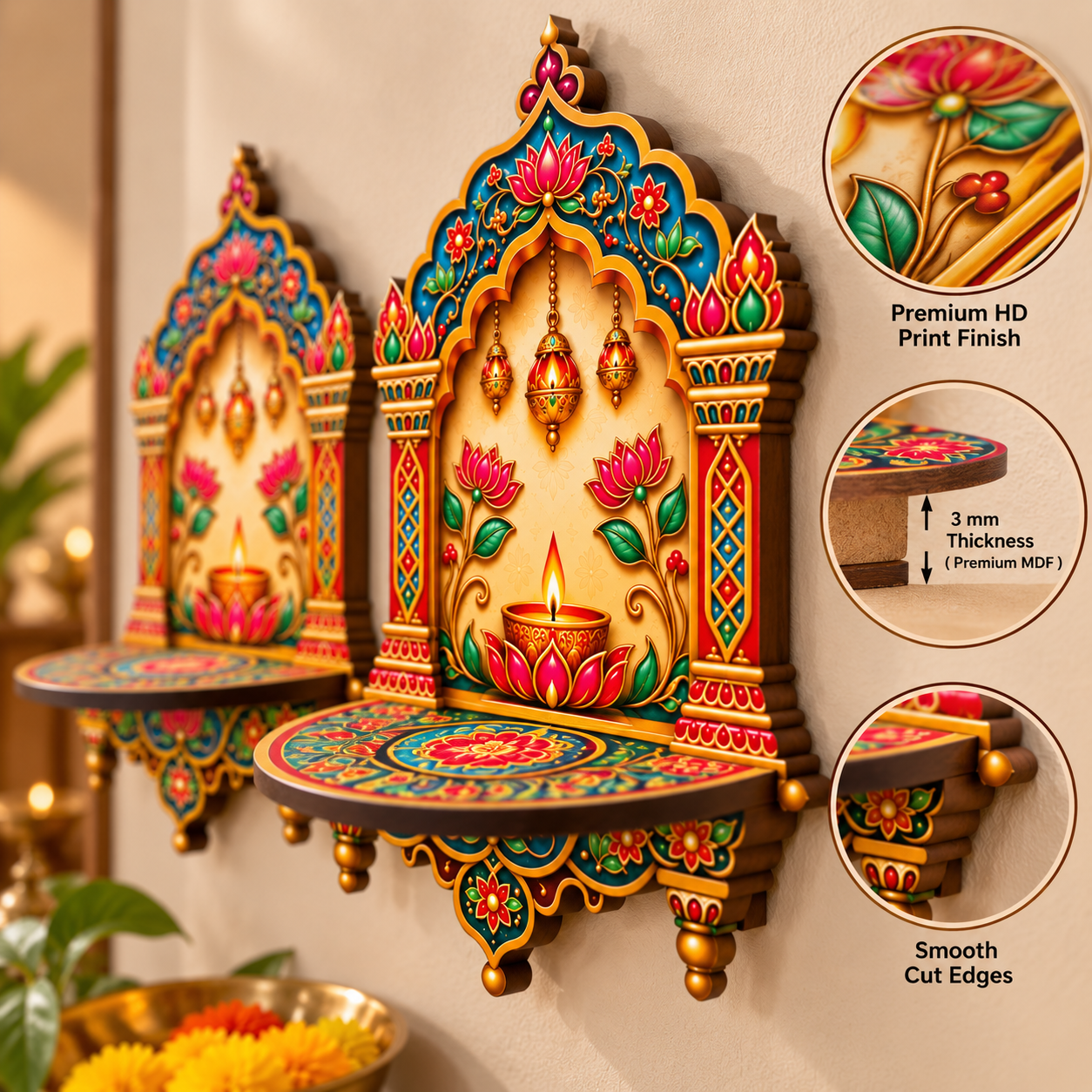 decorative diya shelf for pooja room wall