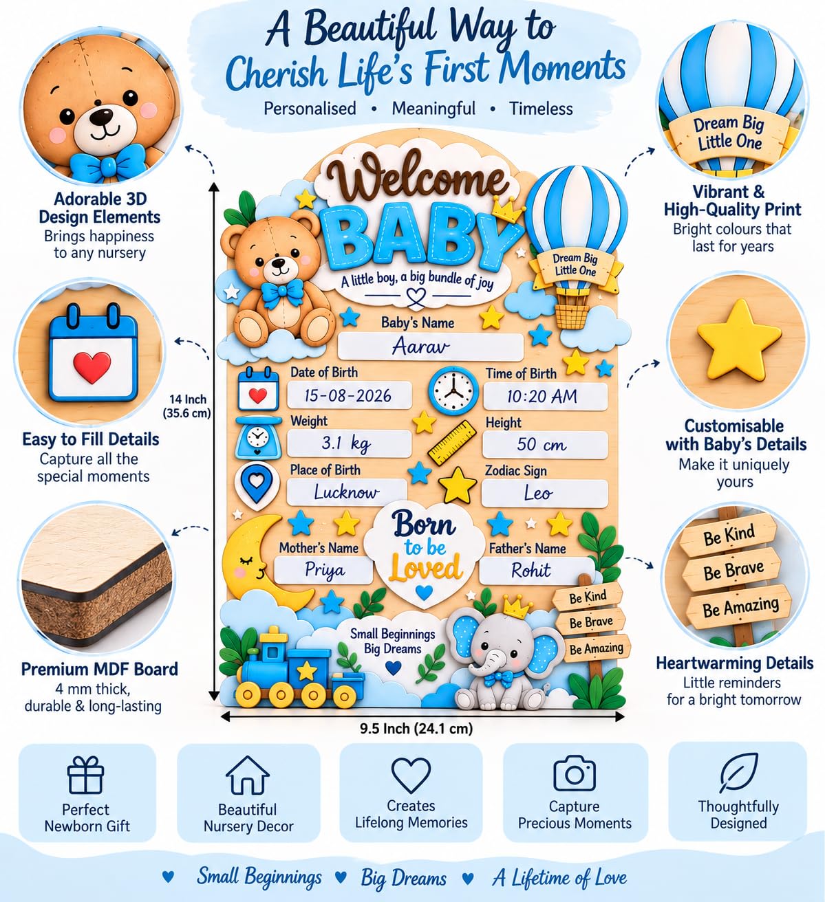 Newborn birth details board for nursery decor
