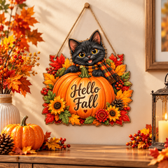 Black cat pumpkin seasonal wall hanging