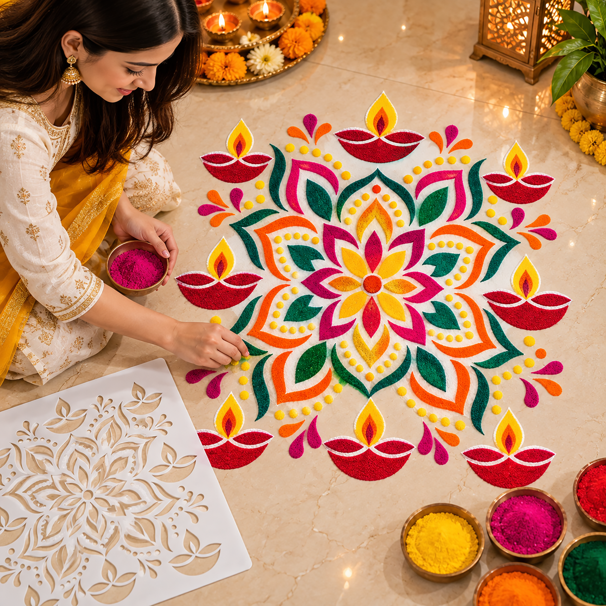 floral rangoli stencil for diwali decoration
