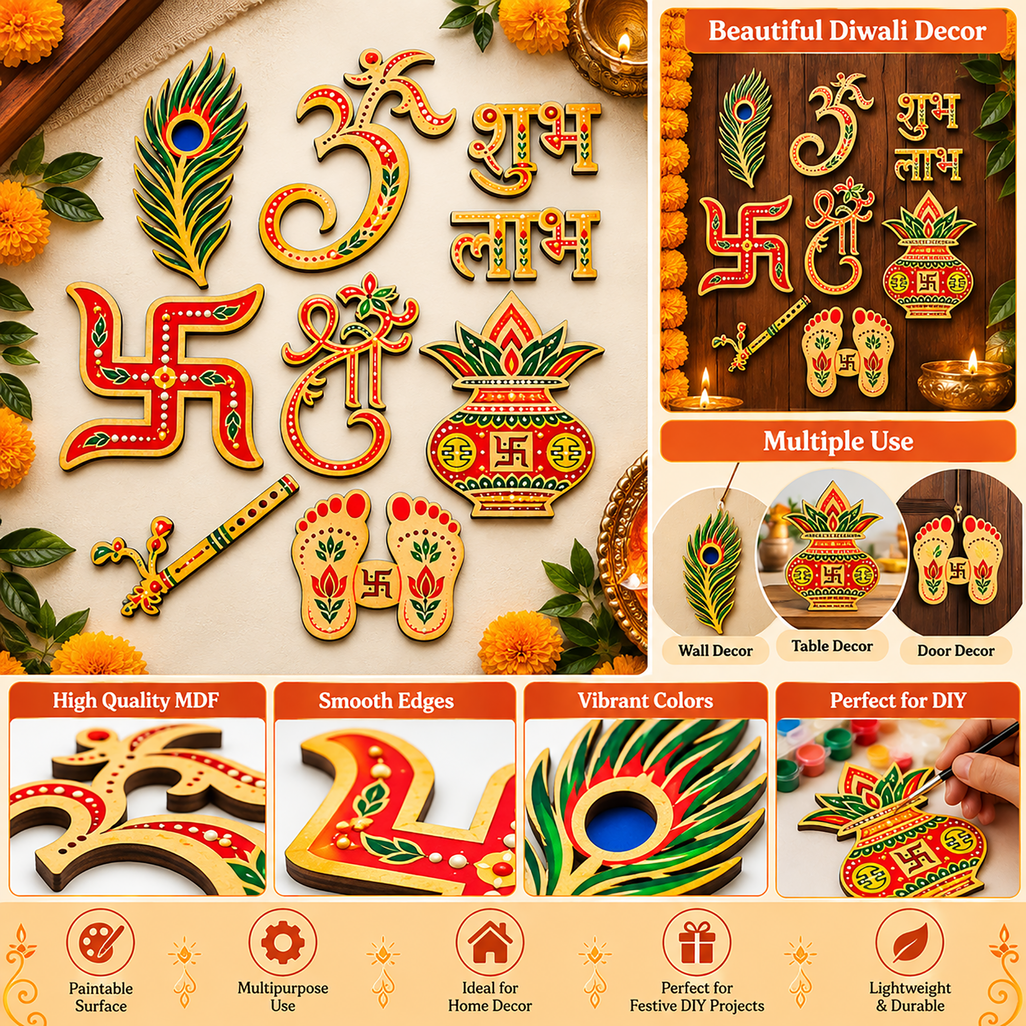 diwali pooja decoration wooden mdf cutout set