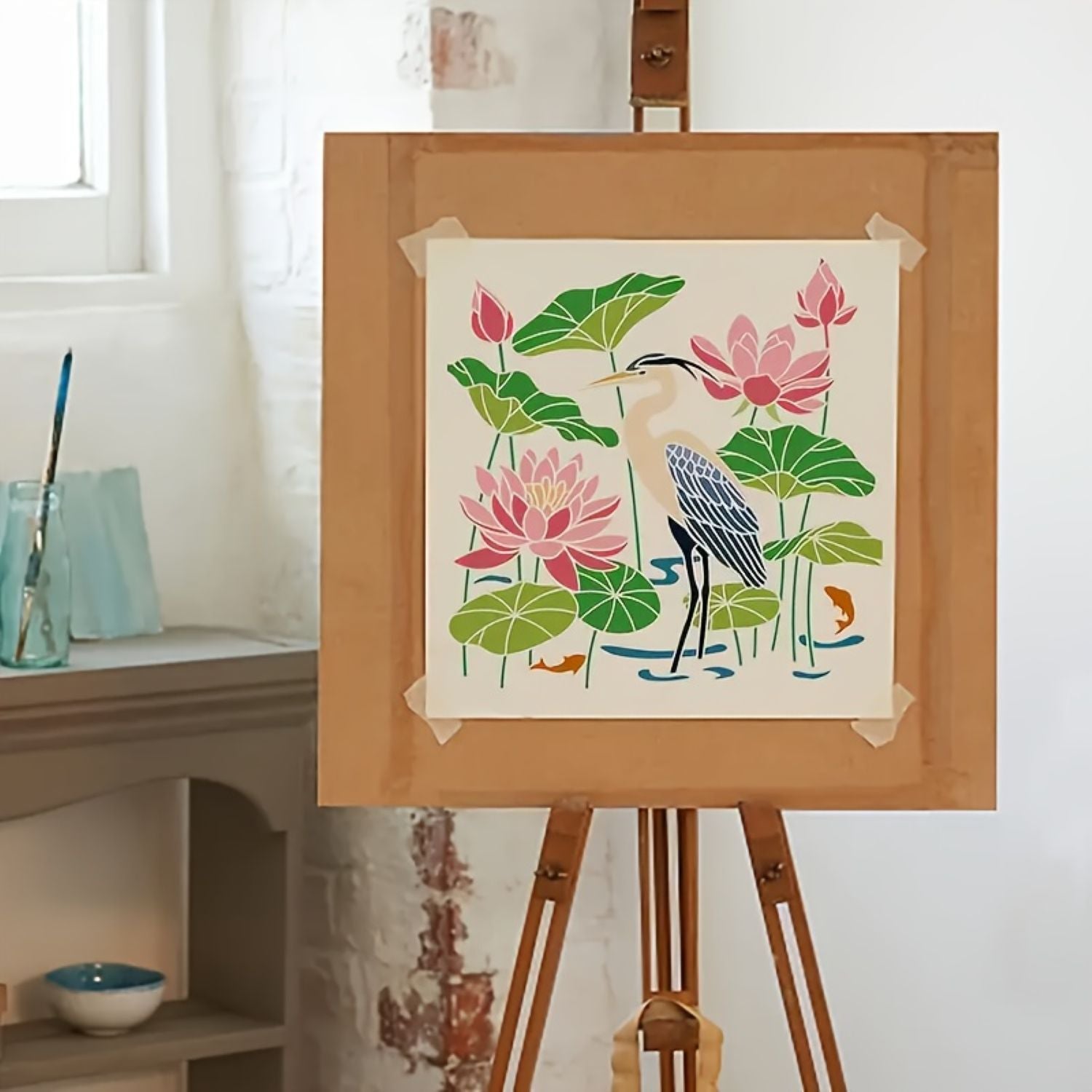 Lotus flower and heron template for wall décor