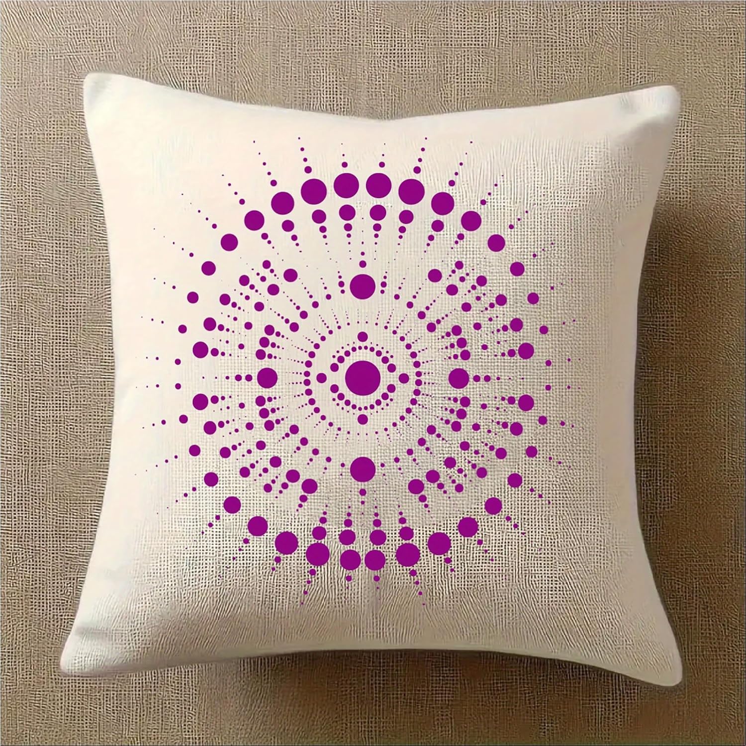 Decorative pillow with a purple circular pattern on a beige background
