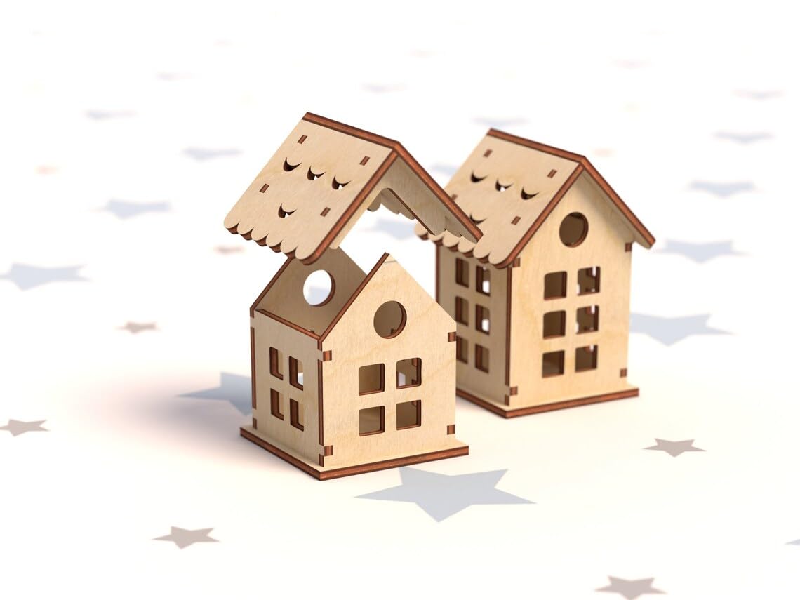 Two wooden house-shaped lanterns on a white background with gray star patterns.