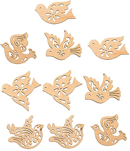 Wooden dove shapes with cut-out designs on a white background