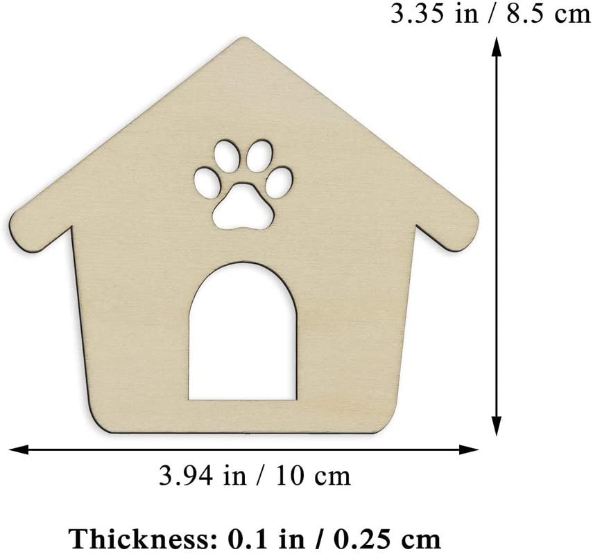 Beige dog house-shaped cutout with a paw print and measurements on a white background