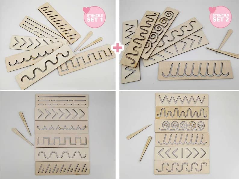 Set of wooden stencils with various patterns on a white background