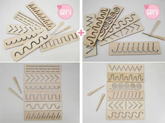 Set of wooden stencils with various patterns on a white background