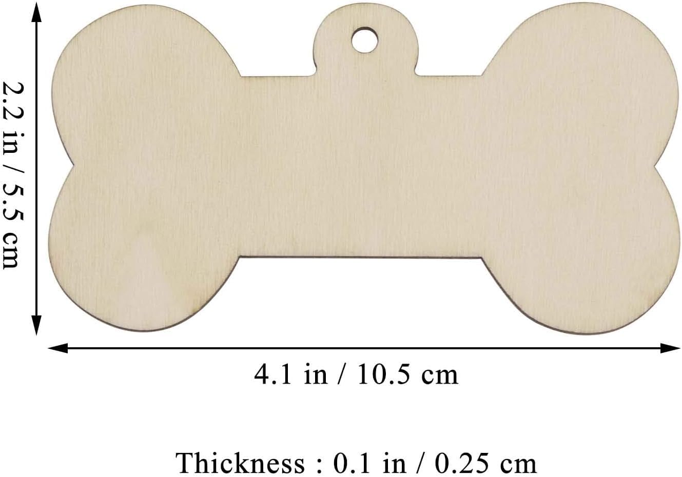 Bone-shaped wooden tag with measurements on a white background