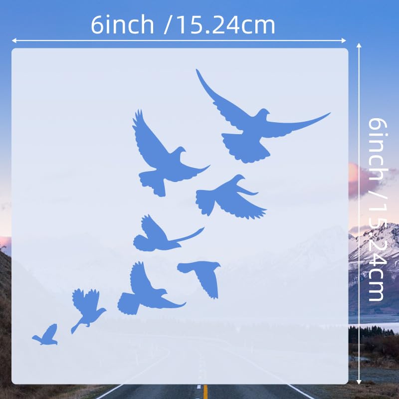 Blue bird decals on a white card with dimensions indicated