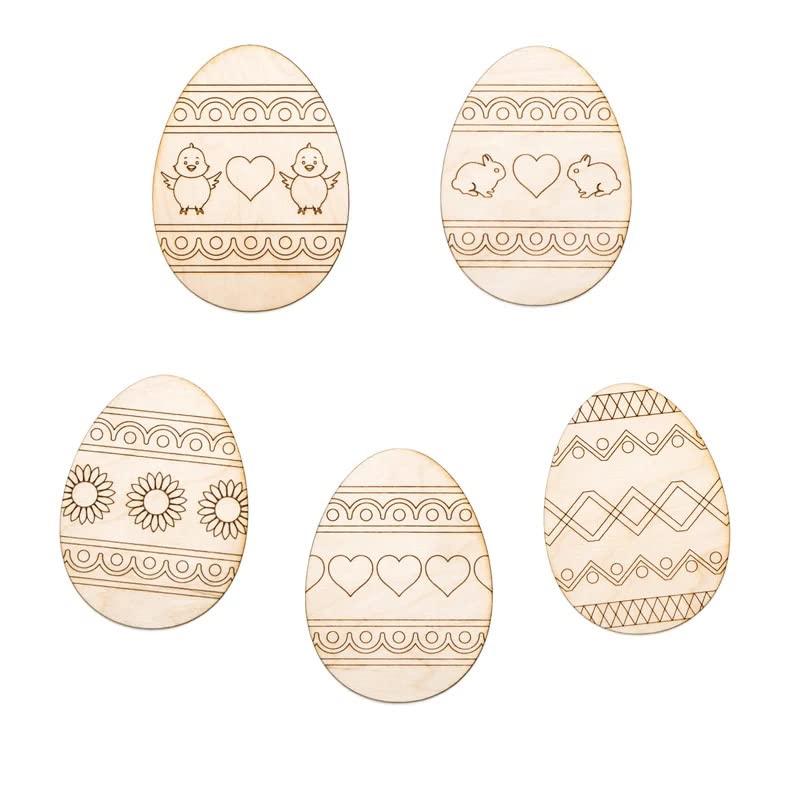 Set of six wooden Easter eggs with decorative patterns on a white background