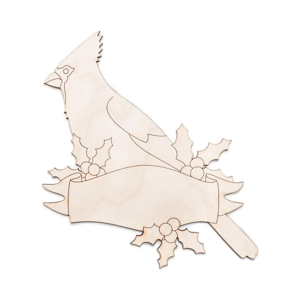 Wooden cutout of a cardinal bird with holly leaves and berries on a white background
