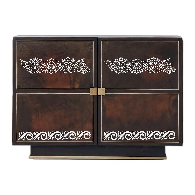 Decorative wooden cabinet with intricate carvings on a white background