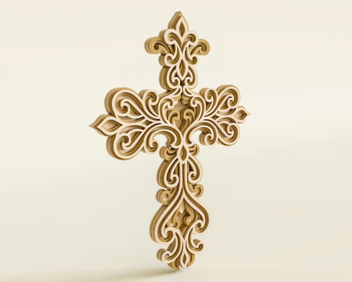 Decorative wooden cross on a beige background