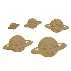 Five wooden Saturn puzzle pieces on a white background