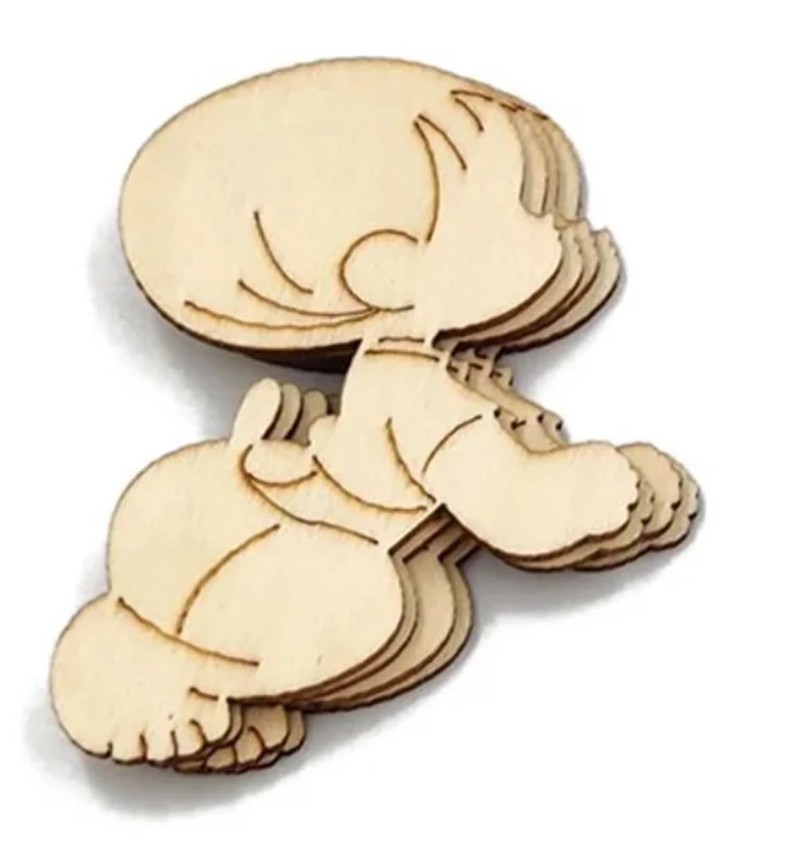 Wooden cutout of a cartoon character on a white background