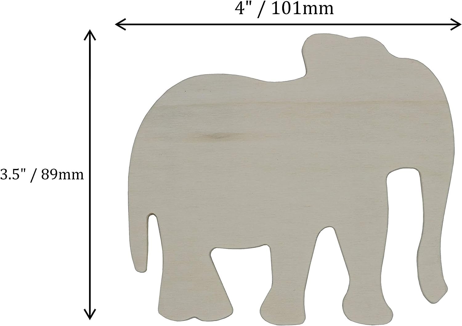 Measurement chart of a wooden elephant cutout with dimensions labeled.