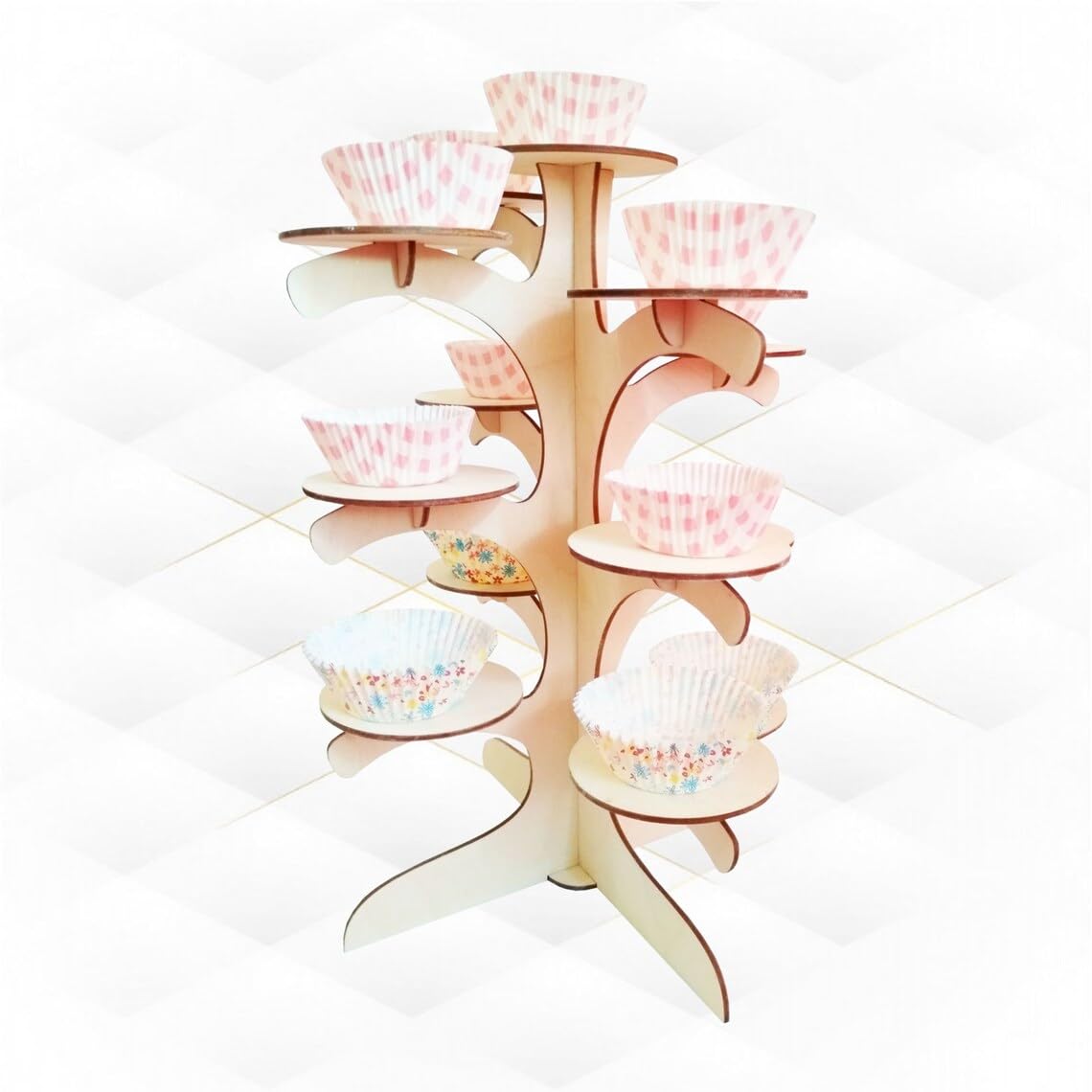 Wooden cupcake stand with colorful cupcakes on a white background