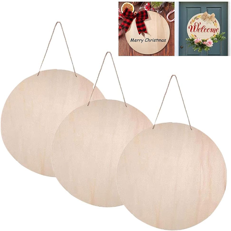 Three wooden round hanging signs with hooks, suitable for decorating doors.