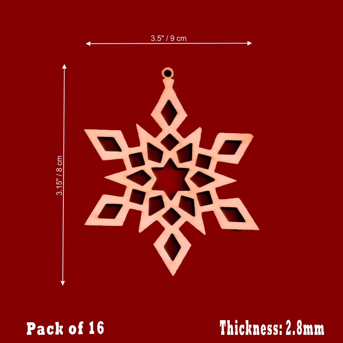 Star-shaped wooden ornament with dimensions and pack details on a red background